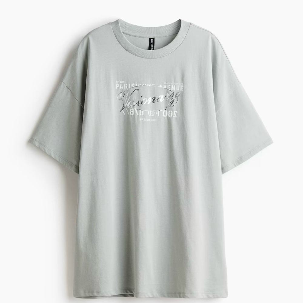 H&M Women oversized tee - light sage green with silver design
